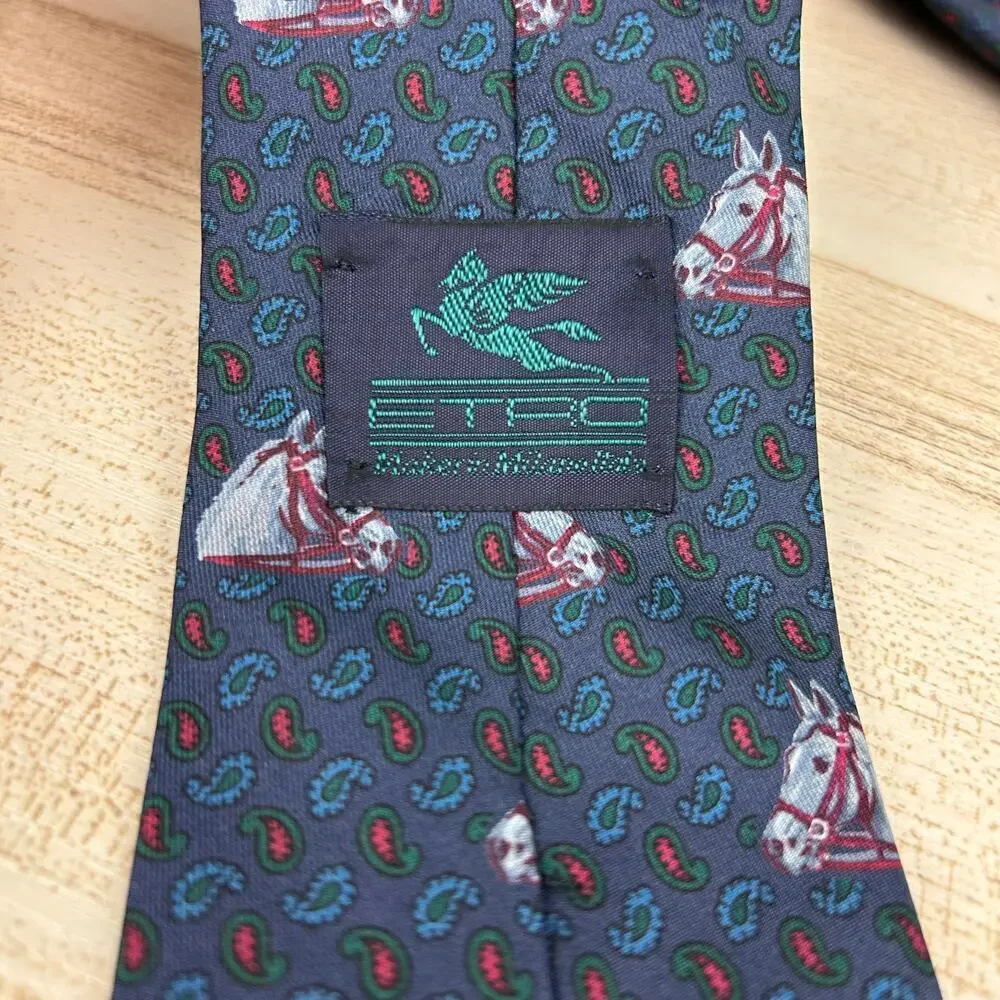 Etro Silk Necktie Horse Equestrian Navy Blue Paisley Boho Luxury Designer Tie